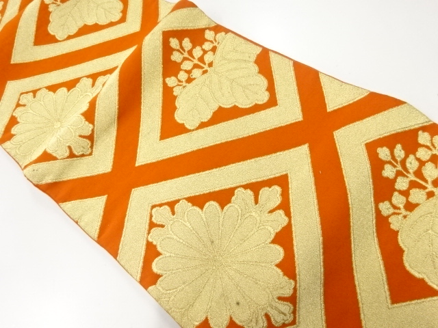JAPANESE KIMONO / ANTIQUE FUKURO OBI / SILK / WOVEN KIKU & PAULOWNIA